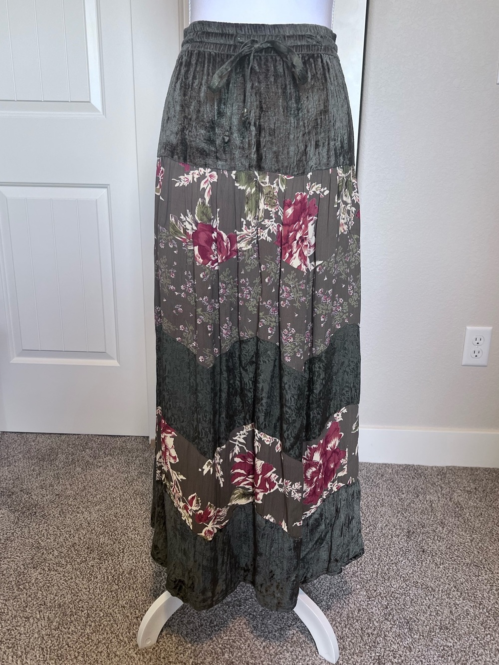 Vintage Velvet & Floral Panels Maxi Skirt Elastic Drawstring Waist Sz XL